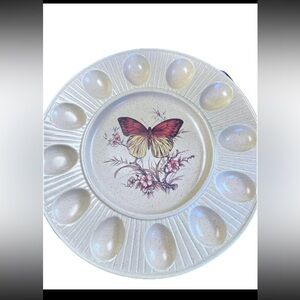 Vintage 1970s Butterfly Deviled Egg Platter 12” Plate USA MCM MOD Stoneware 70s
